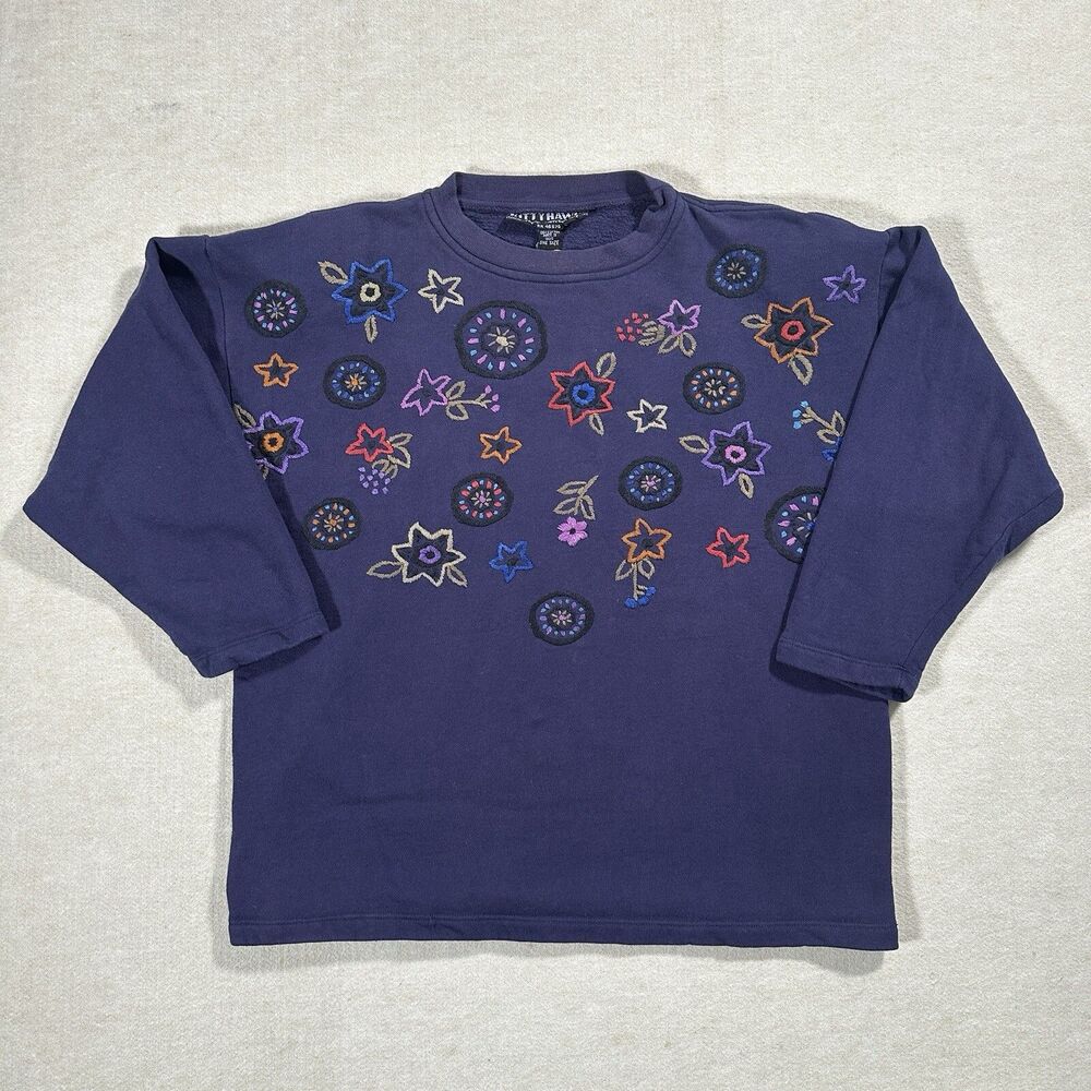 VTG Kitty Hawk Vivian Wang Cotton Navy Floral Sweater One Size M Embroidered